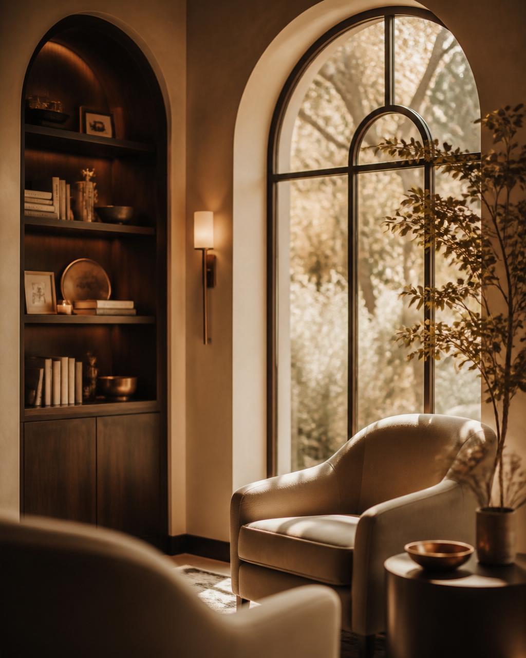 Sunlit arched window in a warm interior